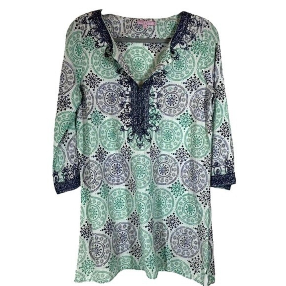 Calypso St Barth Embroidered Tunic Top Blouse 3/4 Sleeve Geometric Print Navy S